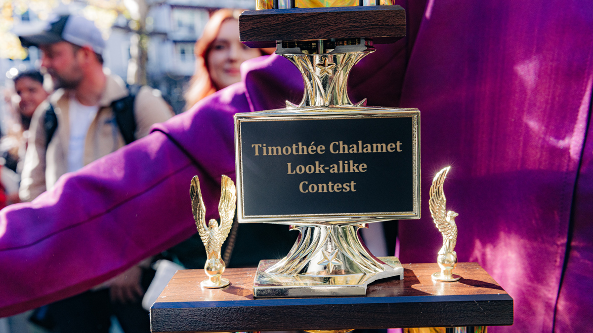 A trophy is seen during a Timotheé Chalamet lookalike contest in New York on Oct 27, 2024.