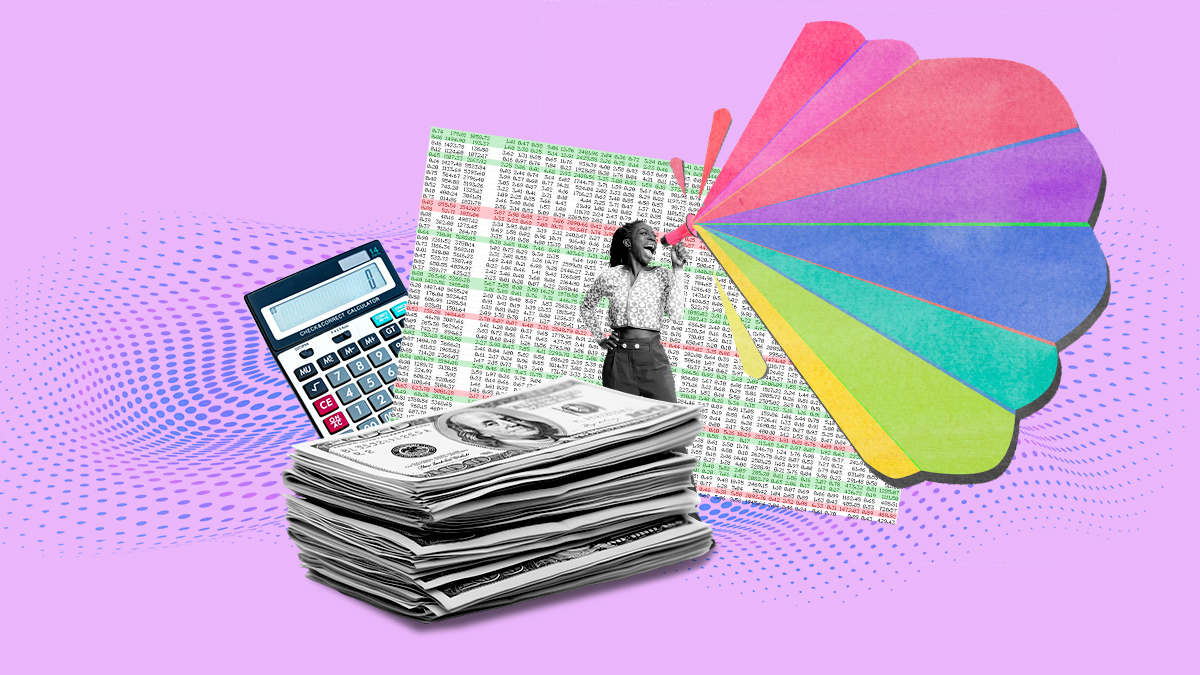 a collage of cash, calculator, spreadsheet, and a person yelling into a megaphone