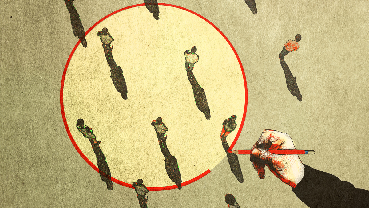 An aerial view of a hand drawing a circle around a select group of people depicting inclusion and exclusion