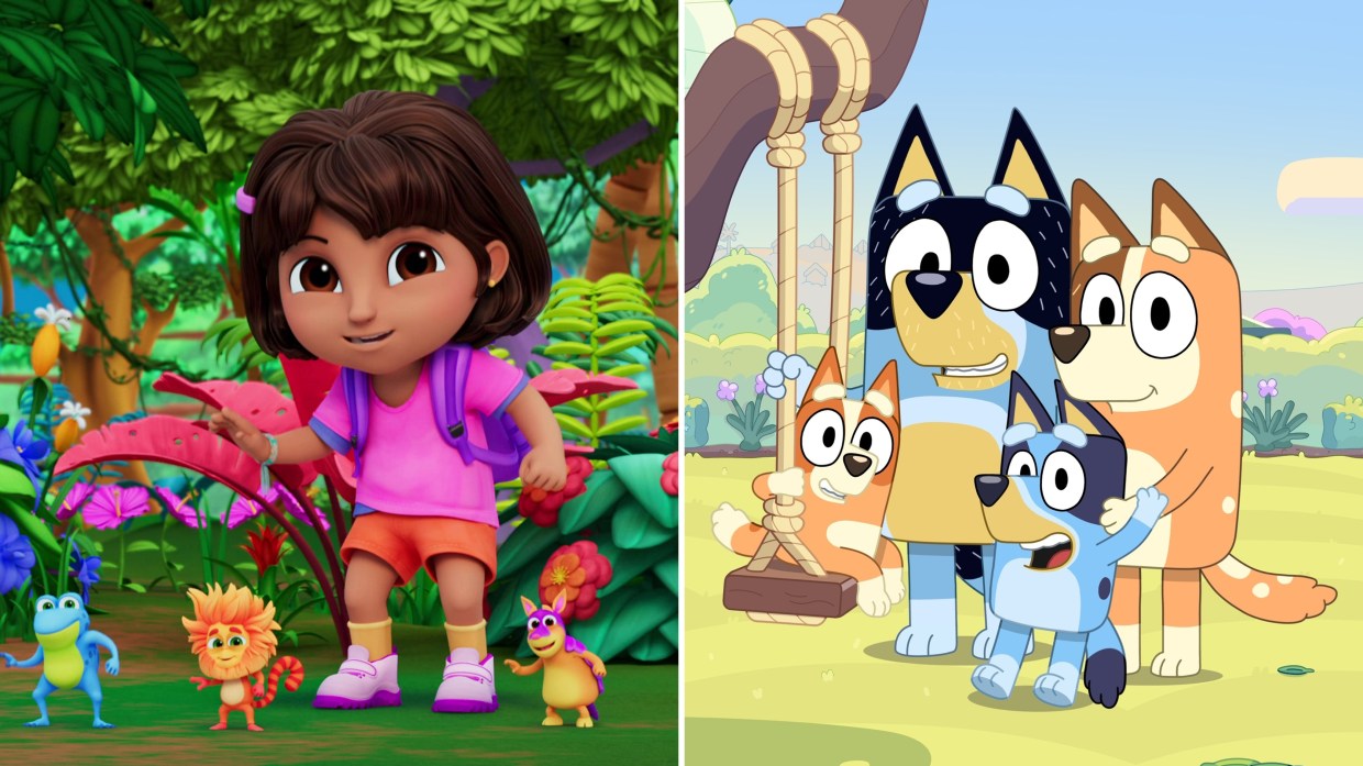 Side by side image of Dora the Explorer and Bluey and Family.