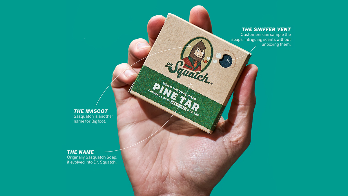 a hand holding a bar of dr. squatch soap