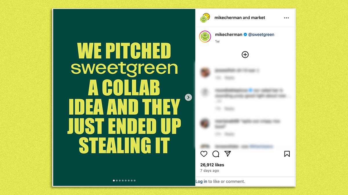 Screenshot of Instagram post reading, We pitched Sweetgreen a collab idea and they just ended up stealing it