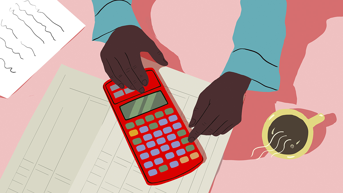 illustration of a persons hands touching a calculator