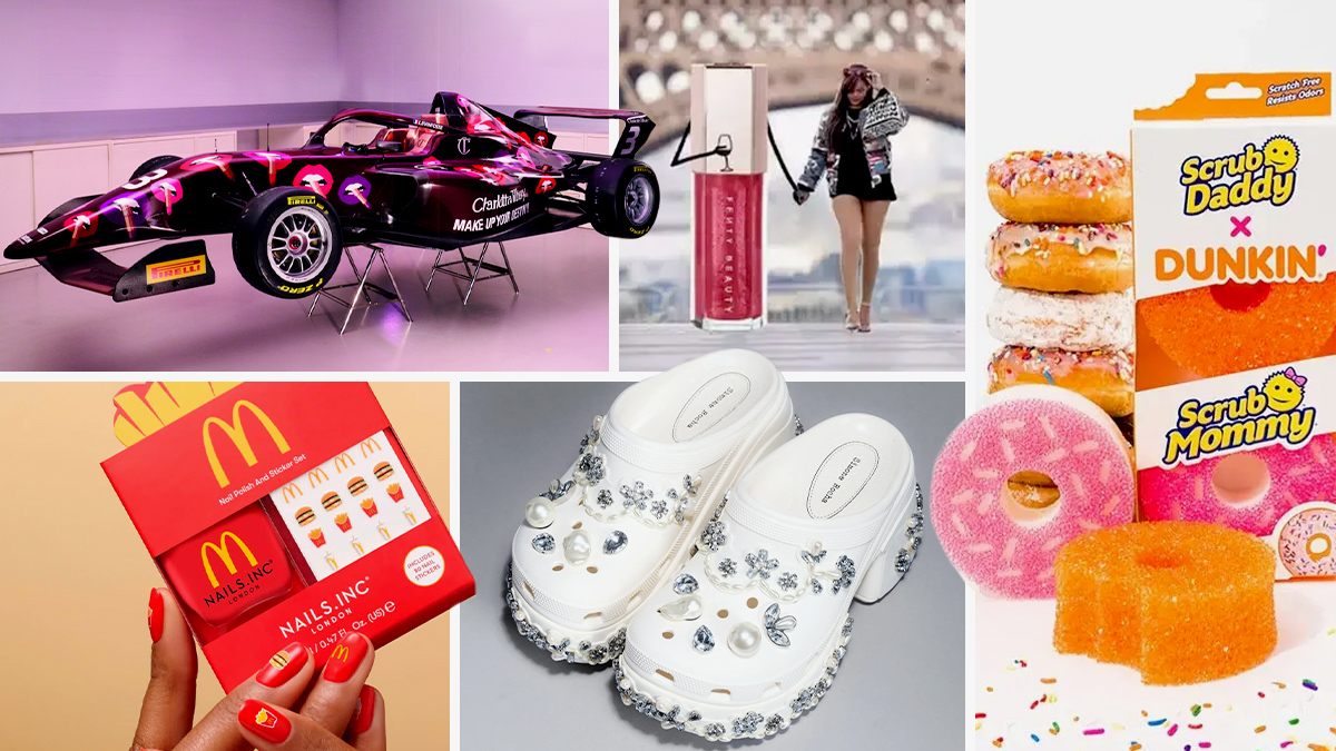 a collage of co-branded items like McDonalds nail polish and bedazzled Crocs